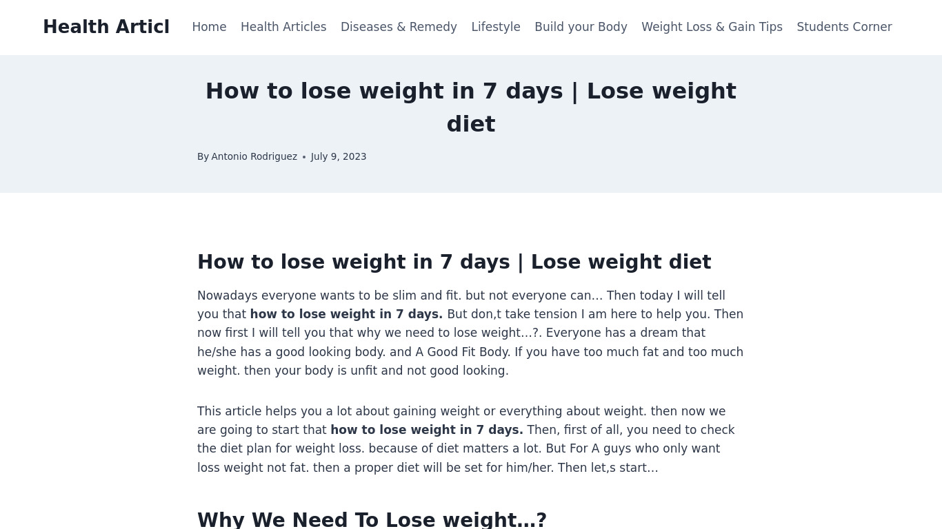 Lose Weight in 7 days Landing page