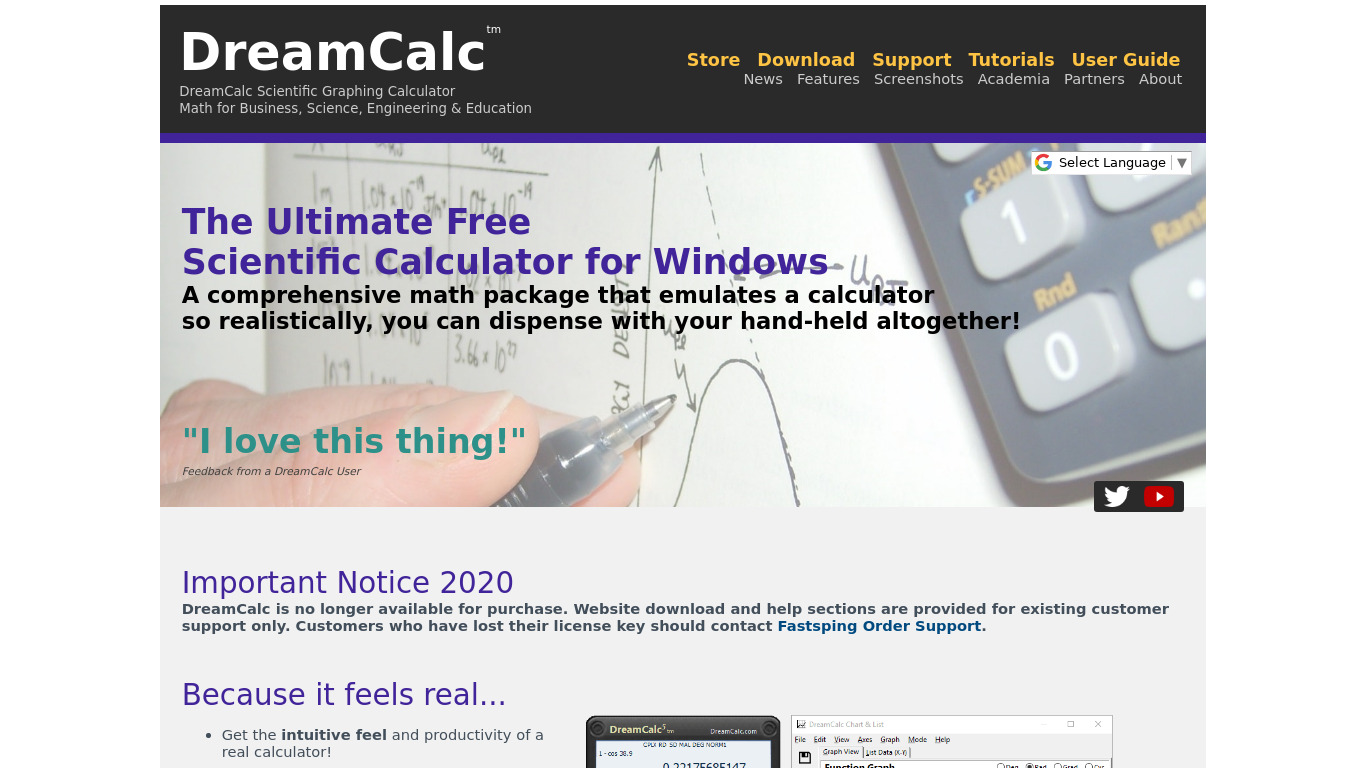 Dream Calc Landing page