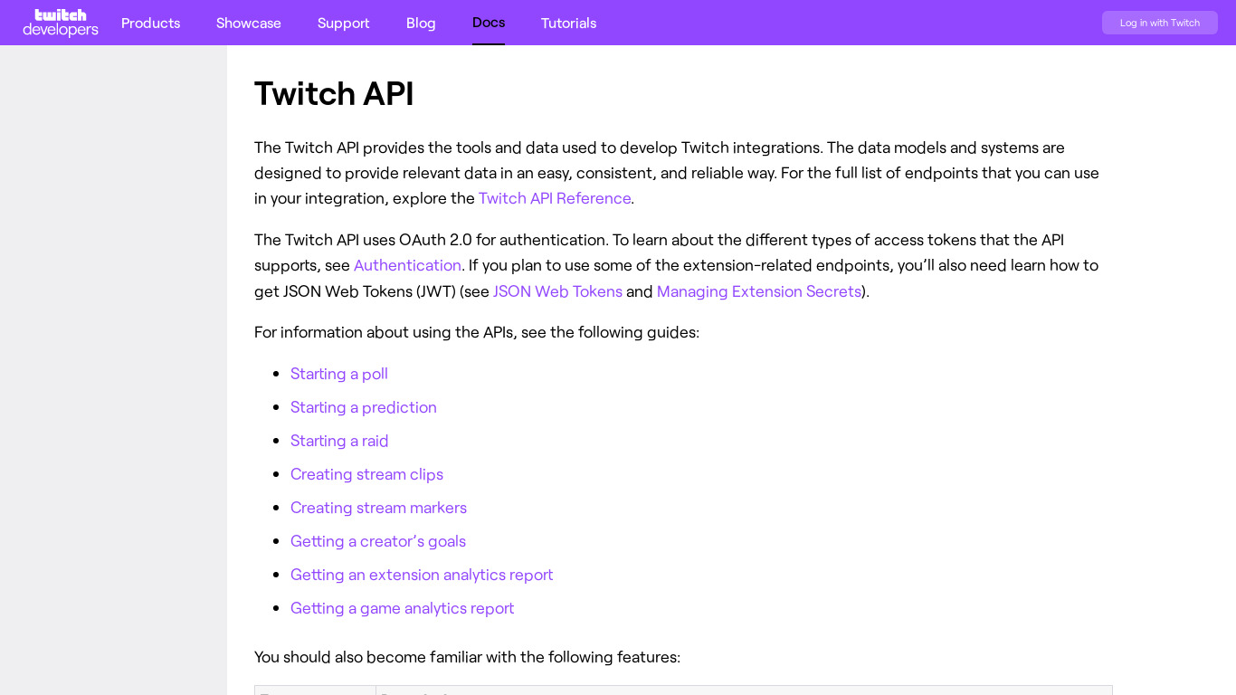 Twitch API Landing page