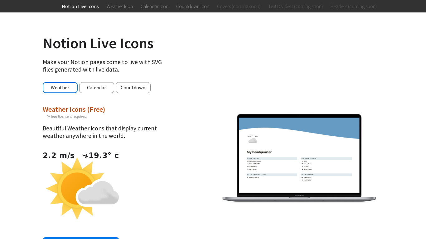 Notion Live Icons Landing page