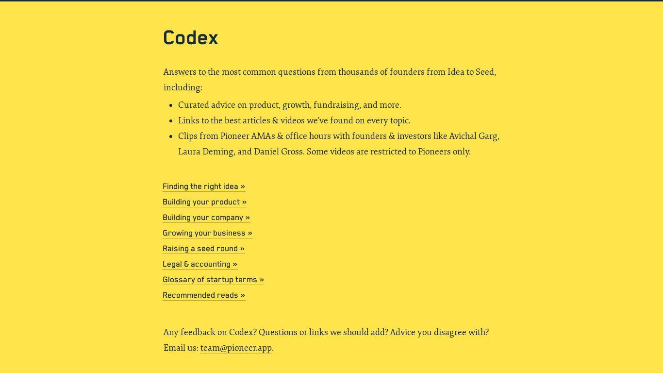 Pioneer Codex Landing page