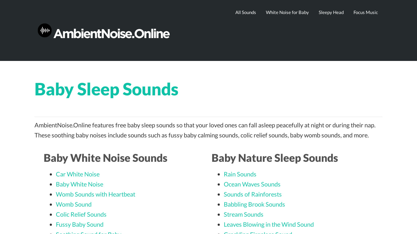 Baby Sleep Sounds Landing page