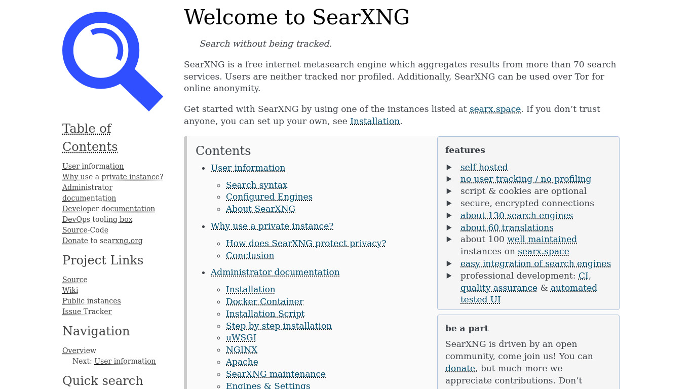 SearXNG Landing page