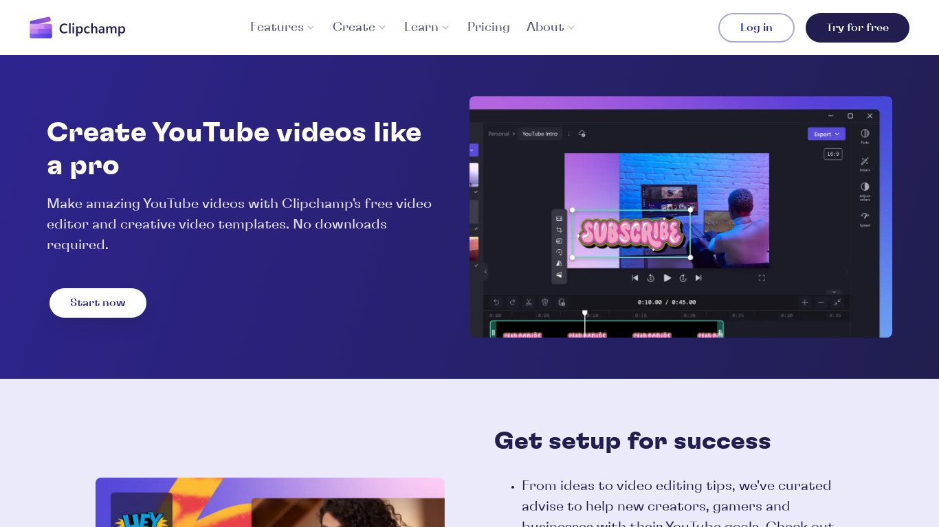 Clipchamp Youtube Video Editor Landing page