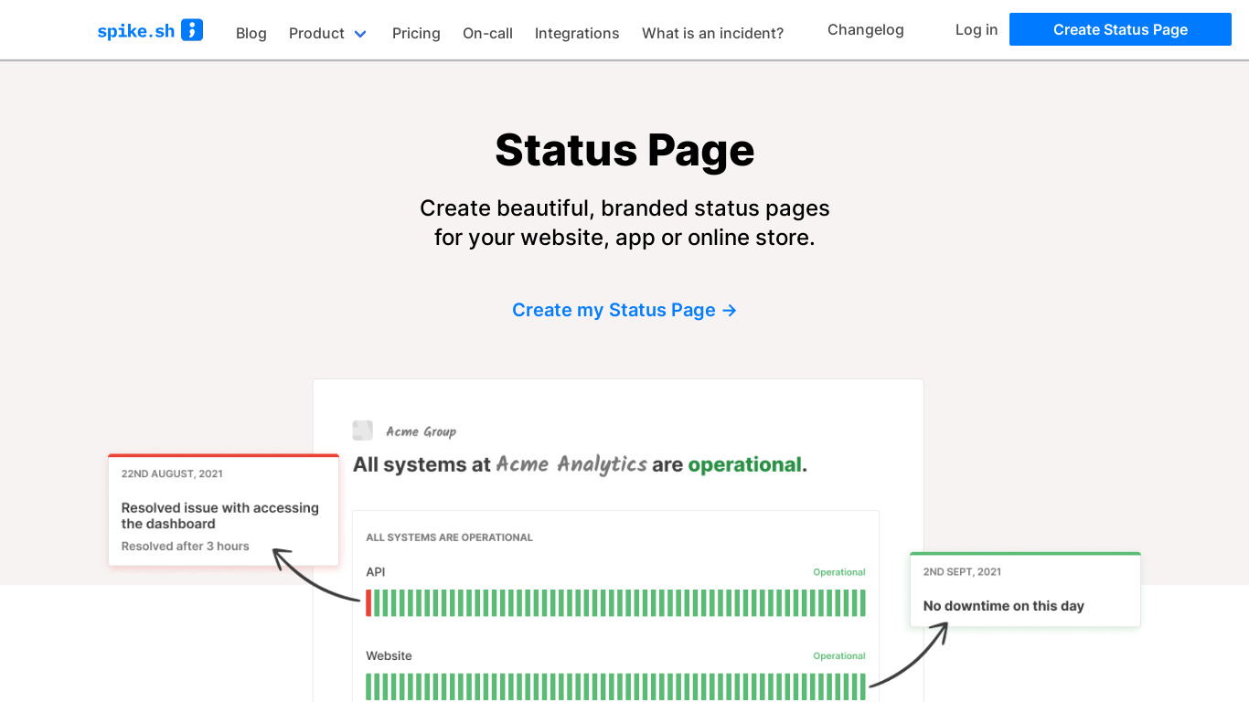 Status Page by Spike.sh Landing page