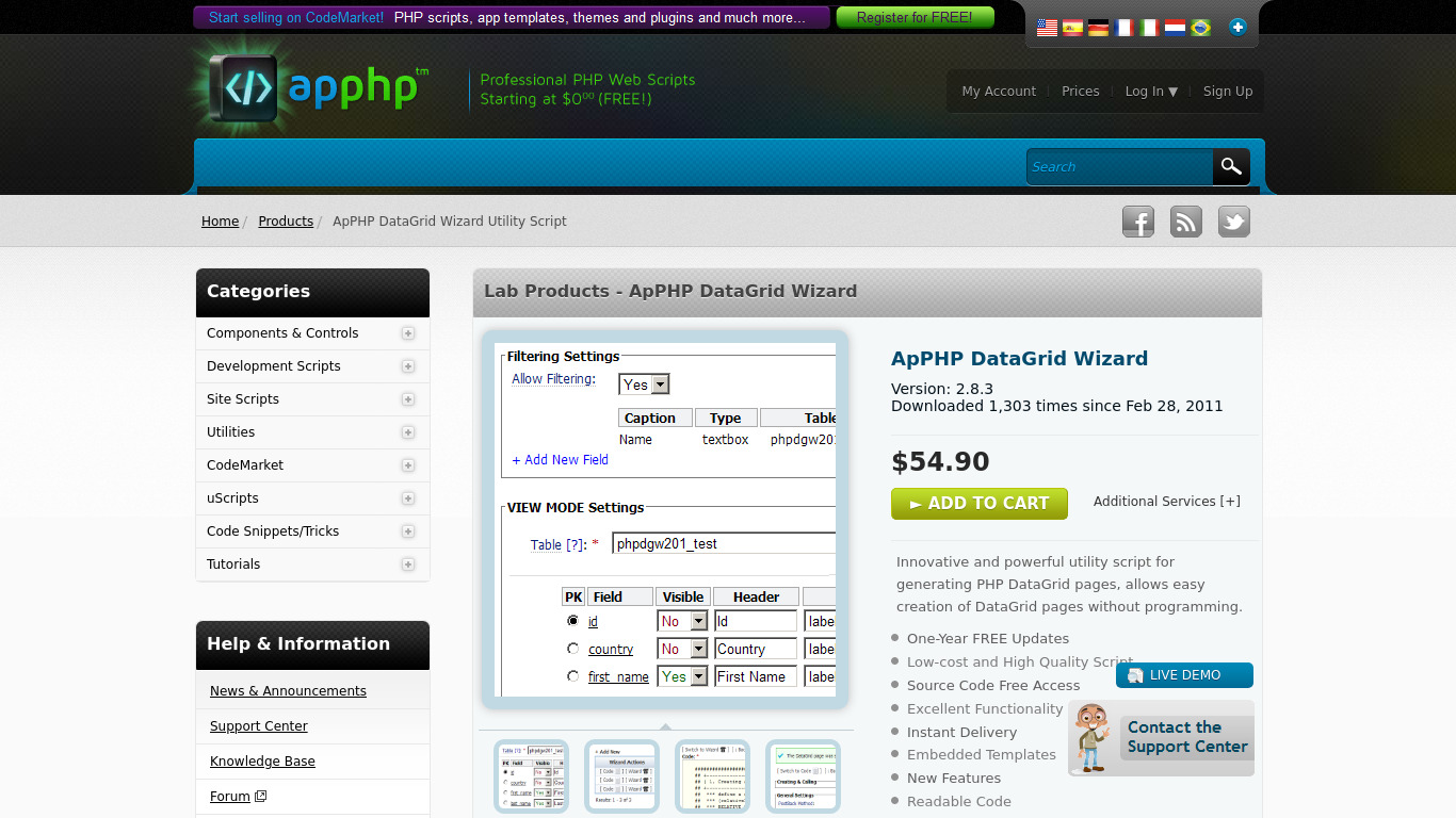 ApPHP DataGrid Wizard Landing page