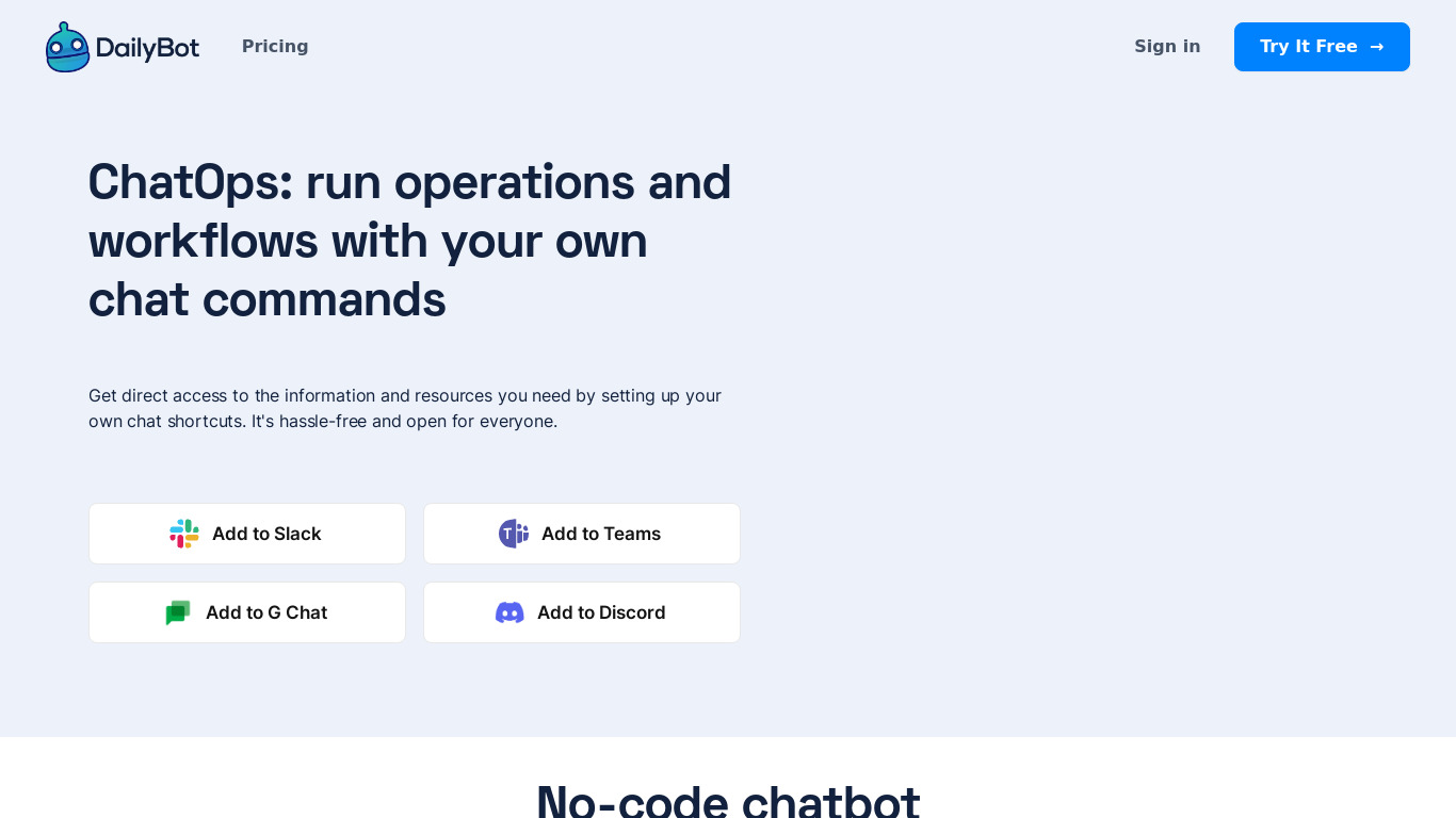 Chatbot Commands by DailyBot Landing page