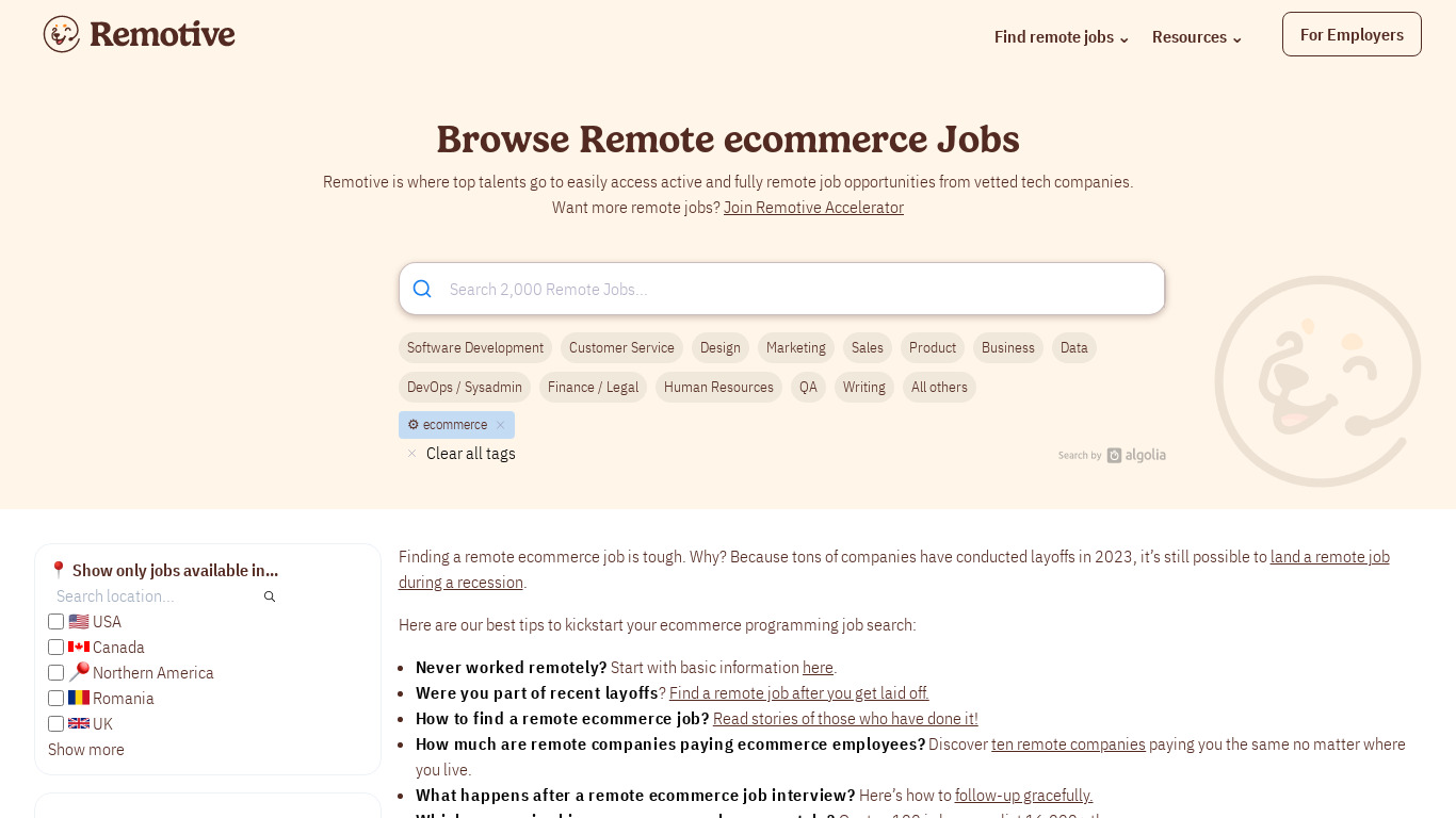 Remote Ecommerce Jobs Landing page