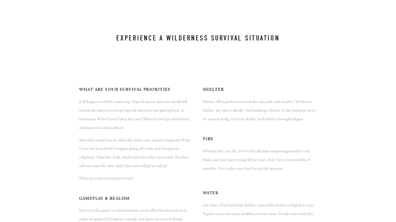 Survive - Wilderness survival Landing page