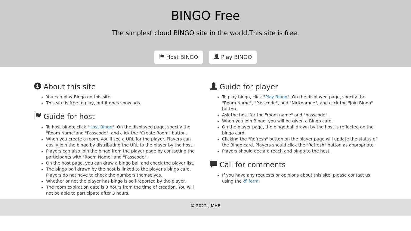 BINGO Free Landing page