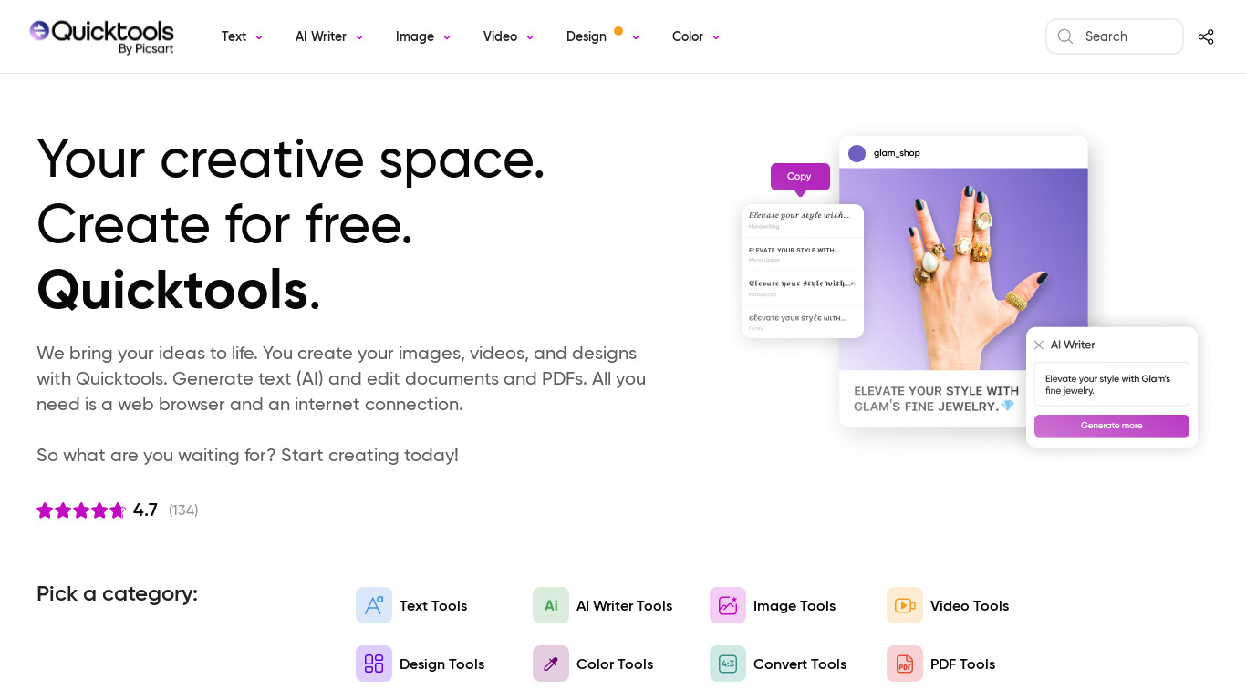 Quicktools by Picsart Landing page