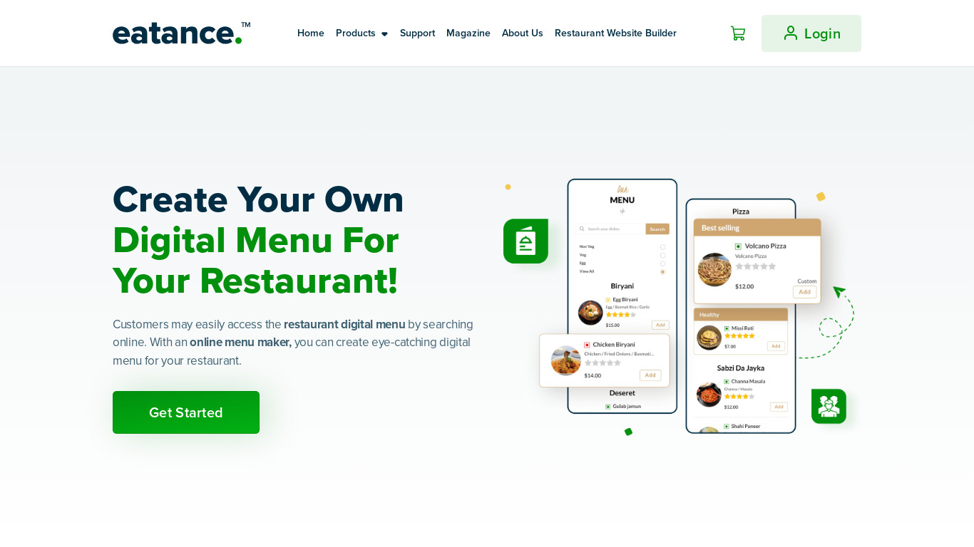 Eatance App Restaurant Digital Menu Landing page