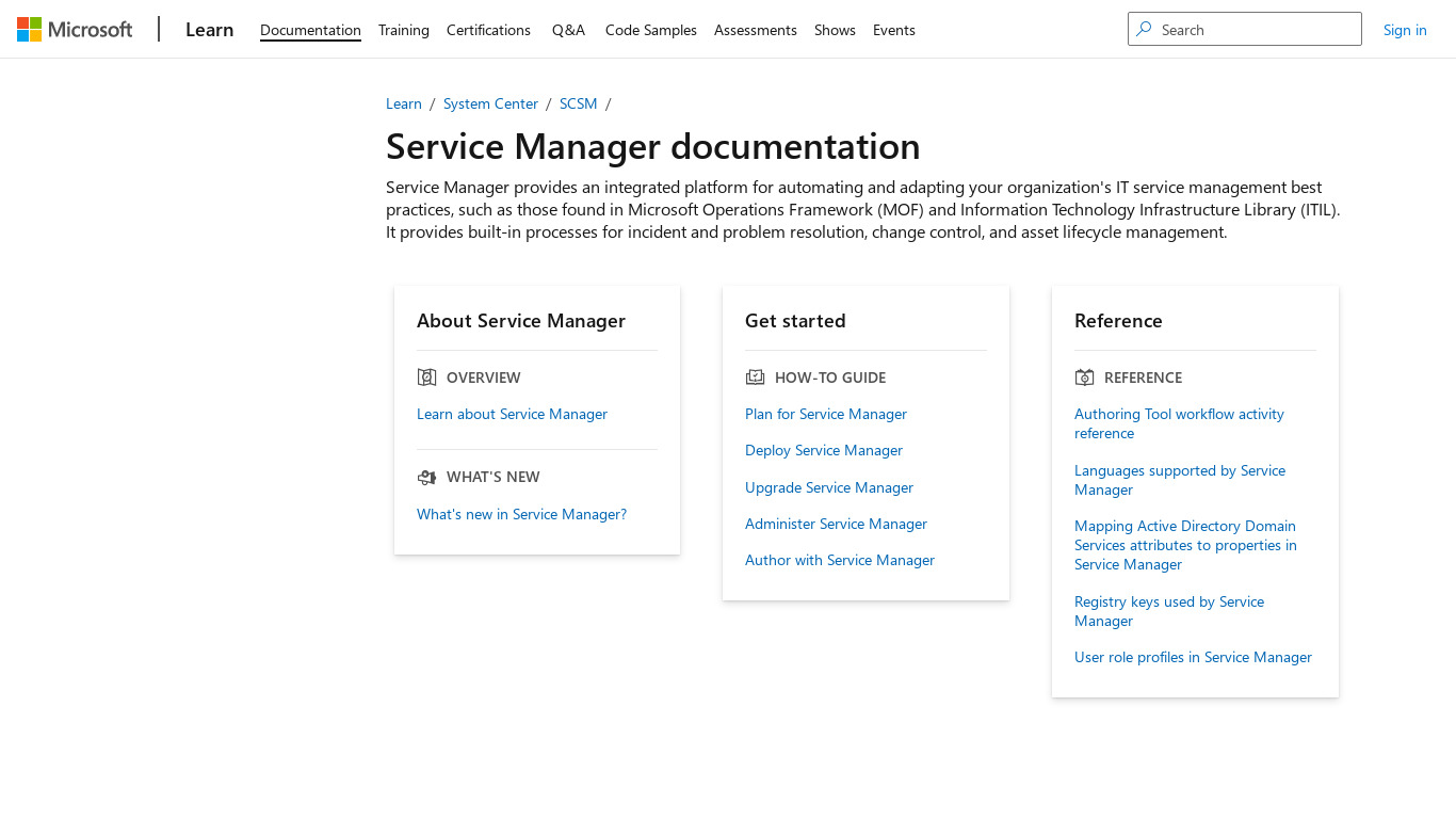 System Center Service Manager Landing page