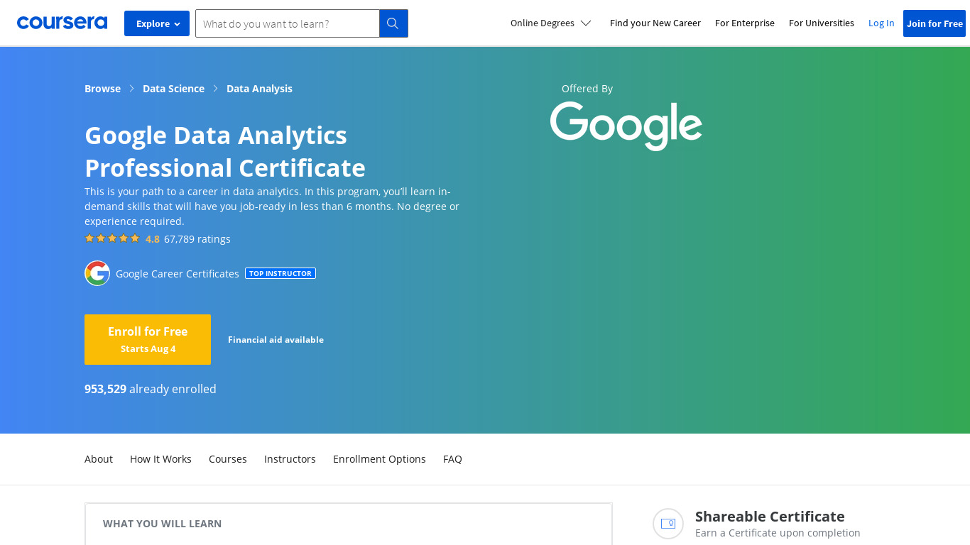 Google Data Analytics Certificate Landing page