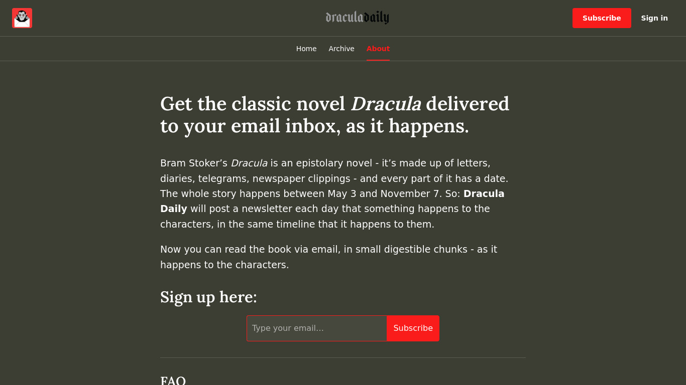 Dracula Daily Landing page