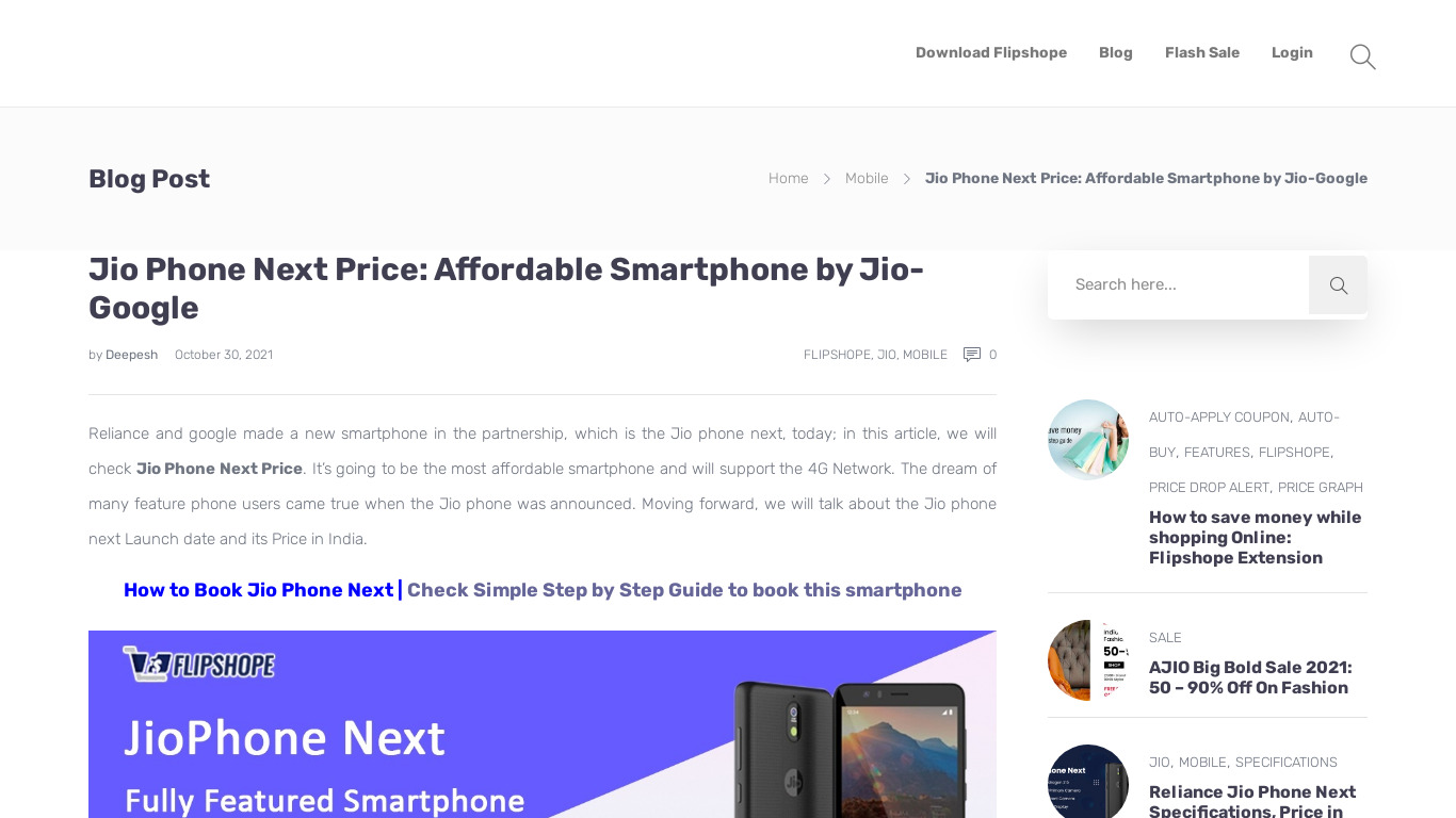flipshope.com JioPhone Next Price Landing page