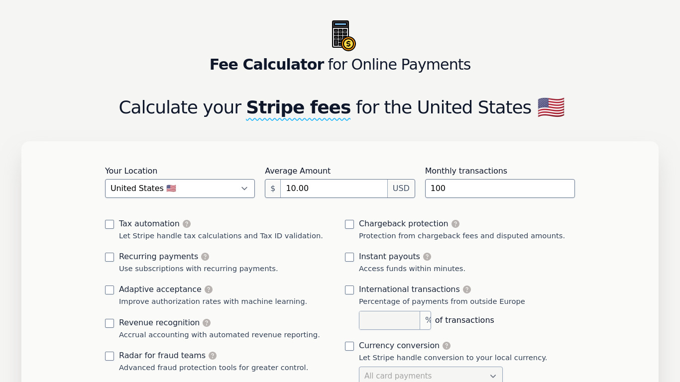 Fee Calculator Landing page