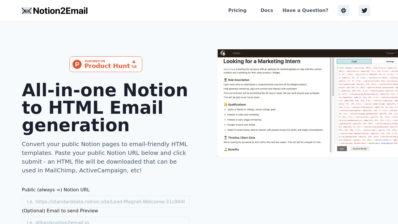 Notion2Email Landing page