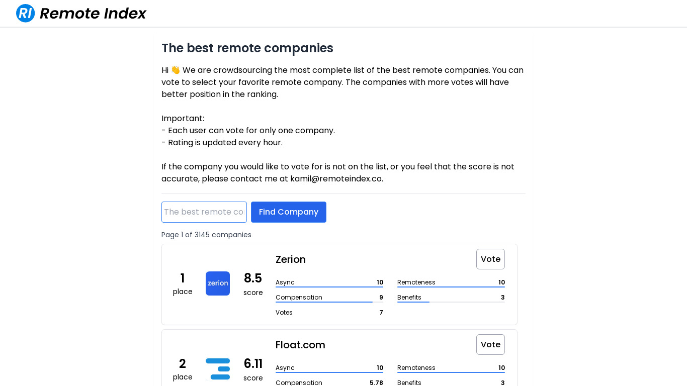 The Best Remote Companies Landing page