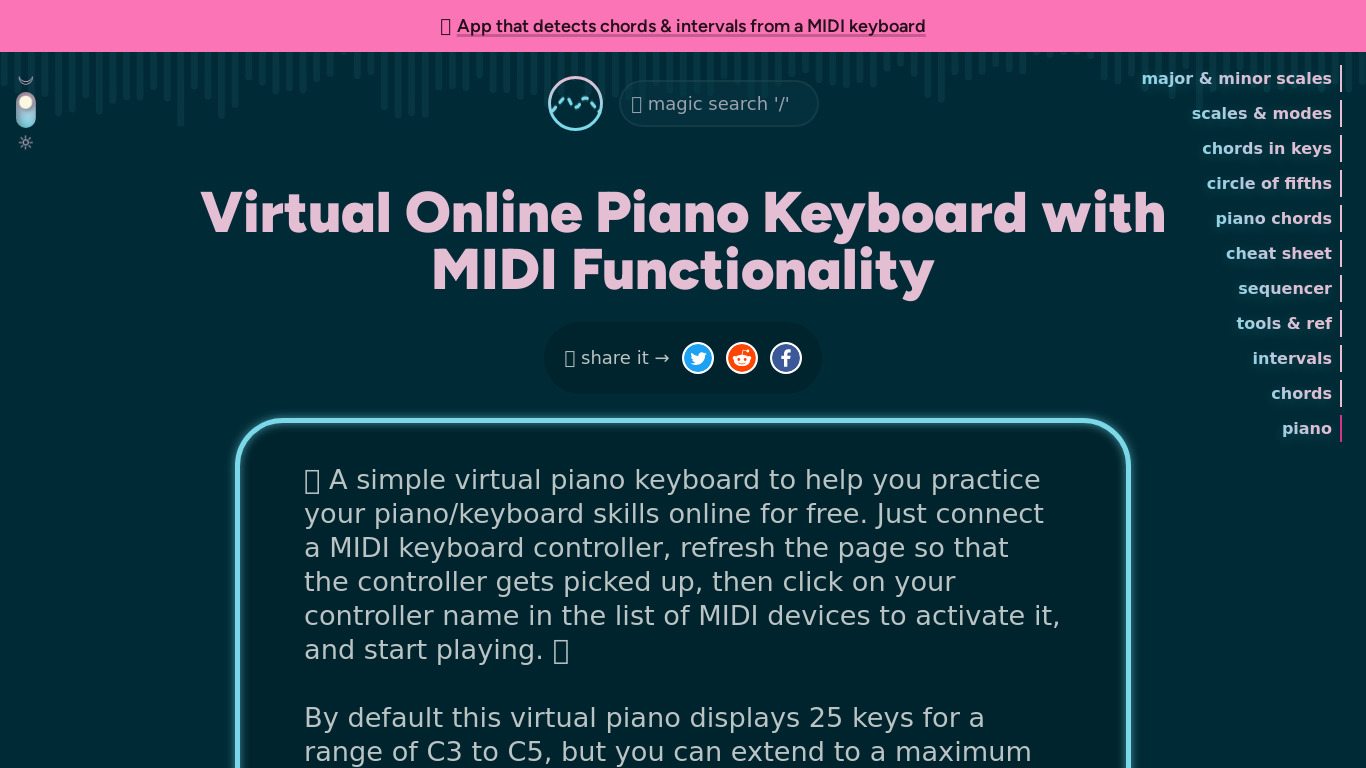 Virtual Piano Keyboard Landing page