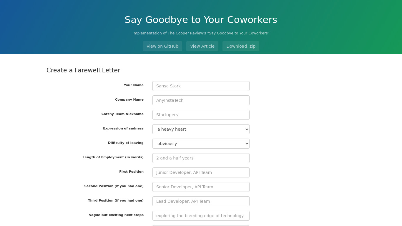 Say Goodbye to your Coworkers Landing page