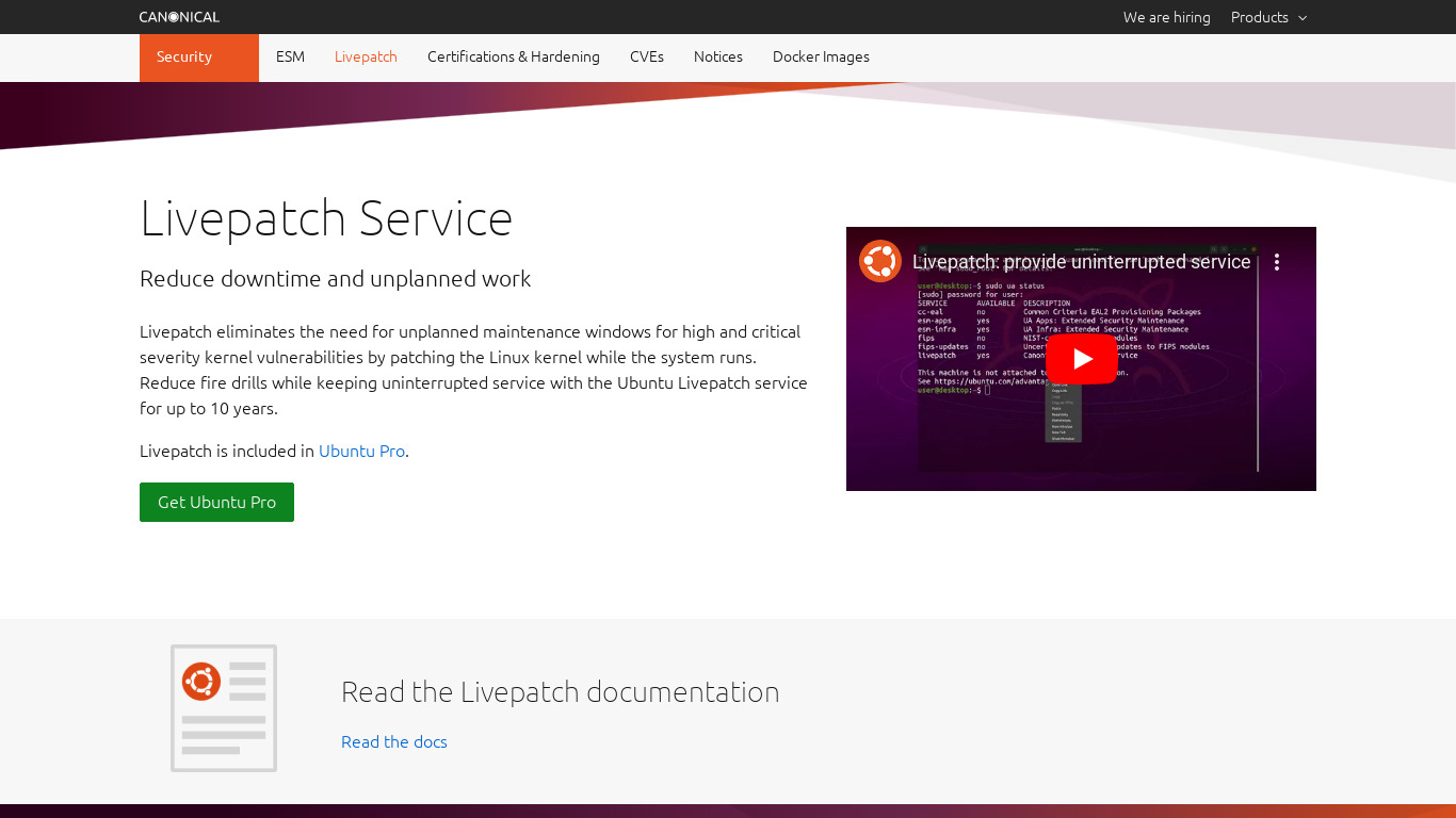 Ubuntu Livepatch Landing page