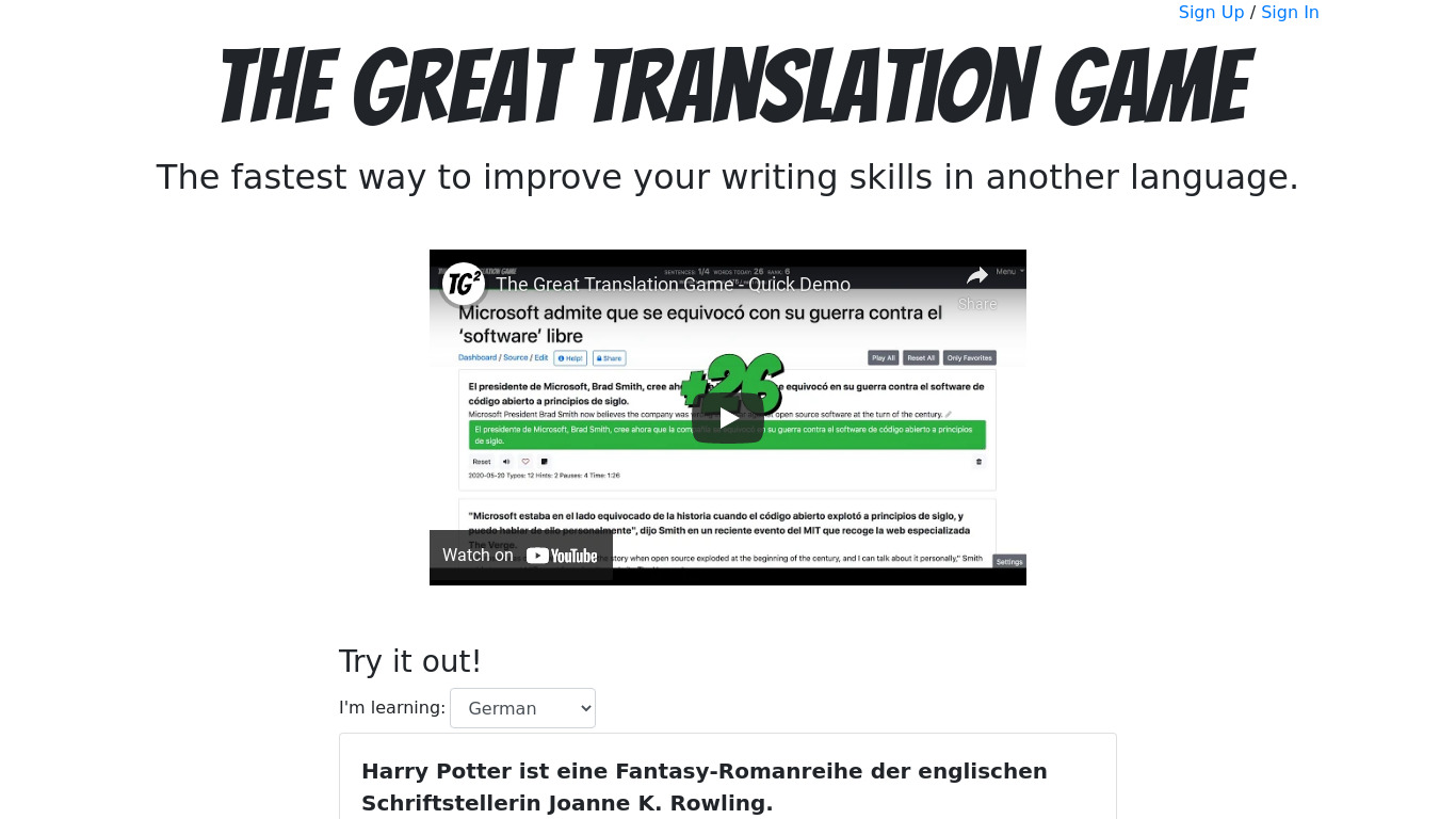 The Great Translation Game Landing page