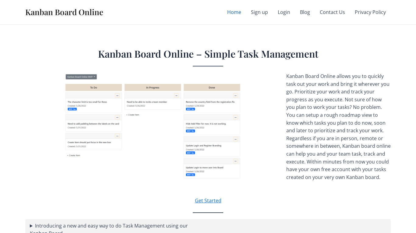 Kanban Board Online Landing page