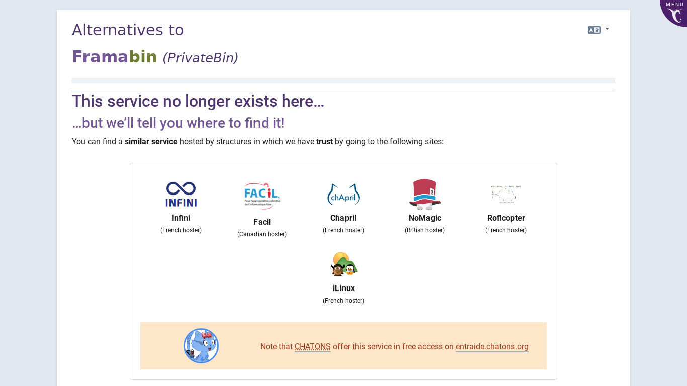 Framabin Landing page