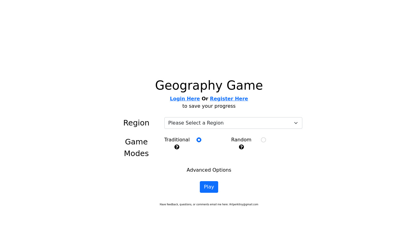 Geography-Game Landing page