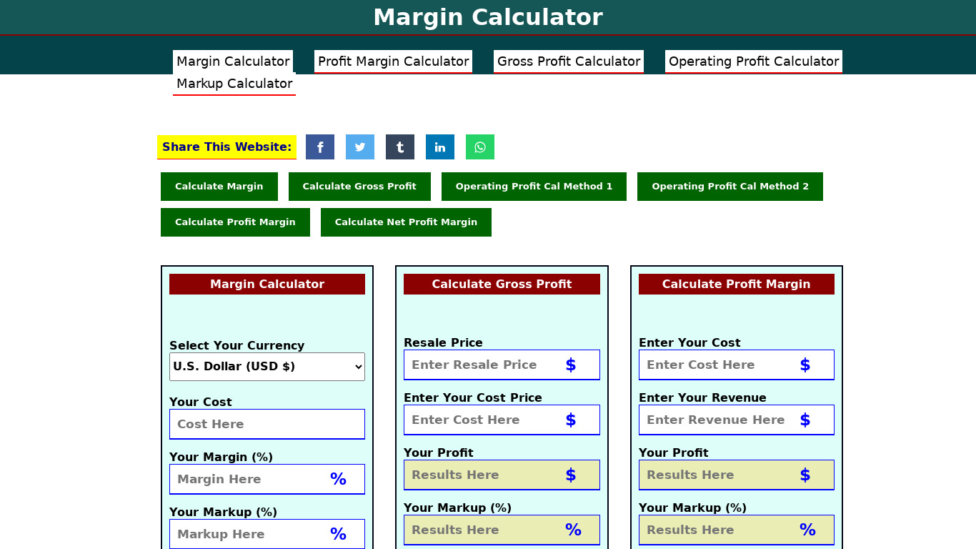 Margin Calculator Landing page