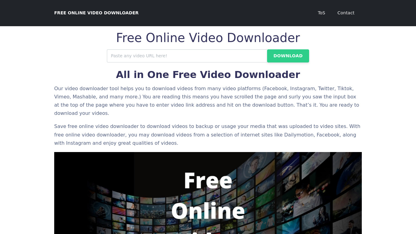 Free Online Video Downloader Landing page