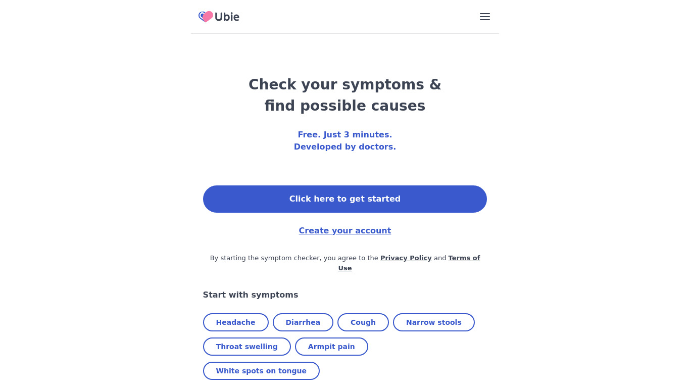 Ubie AI Symptom Checker Landing page