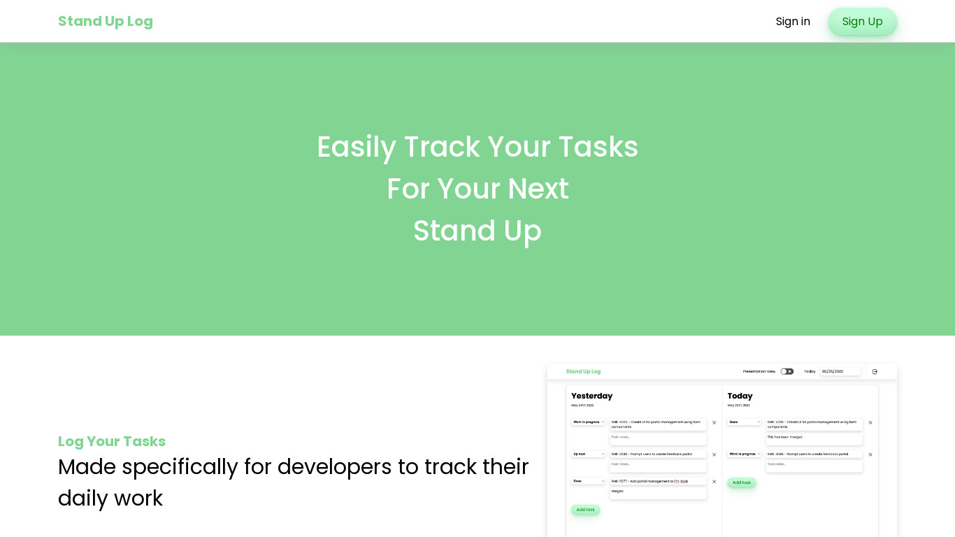 Stand Up Log Landing page