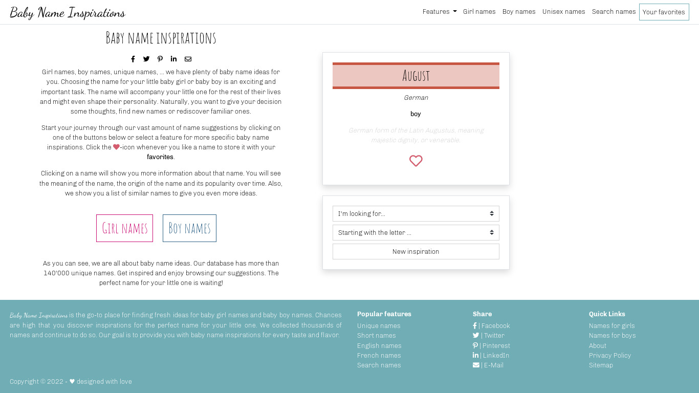 Baby Name Inspirations Landing page