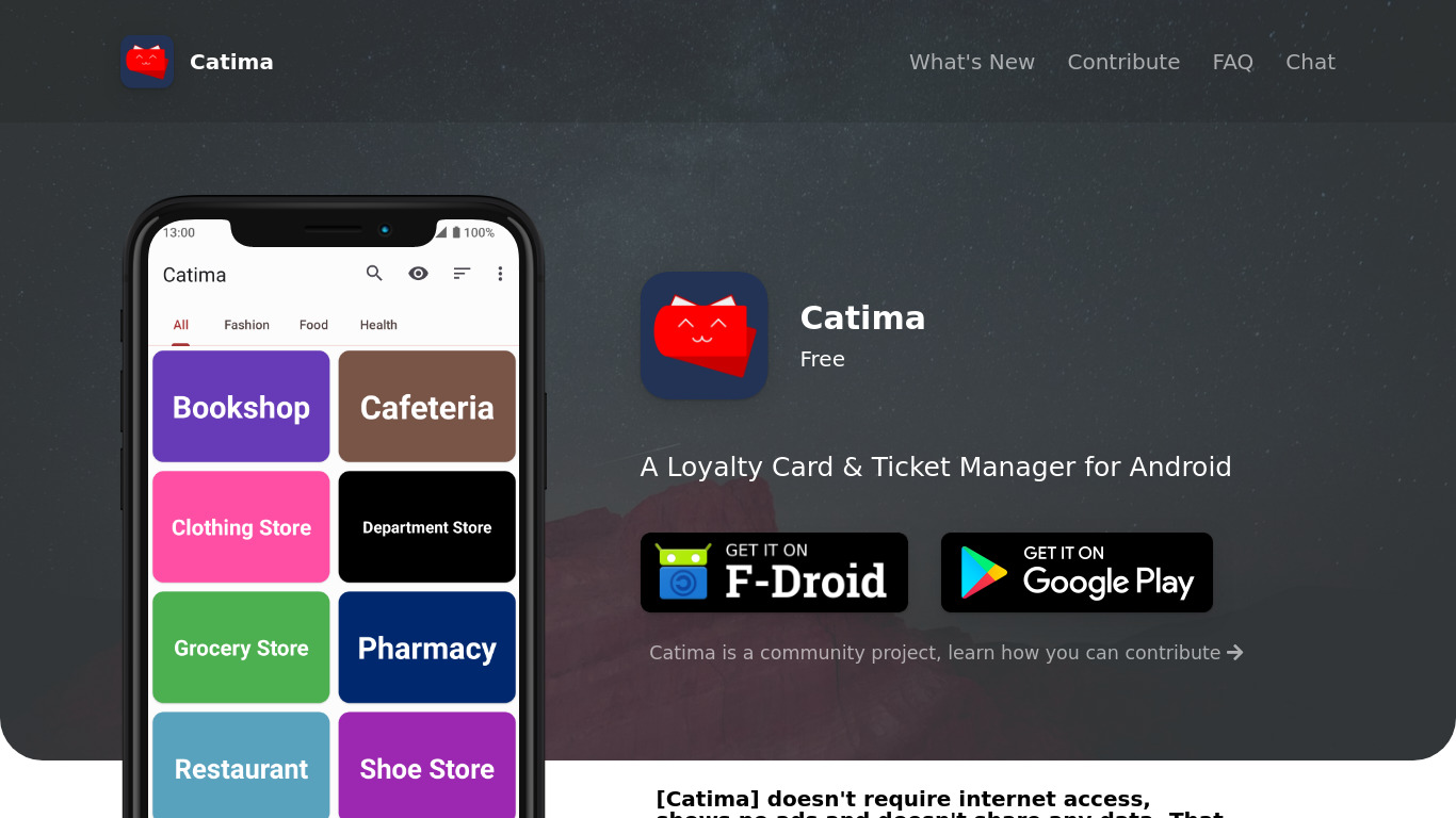 Catima Landing page