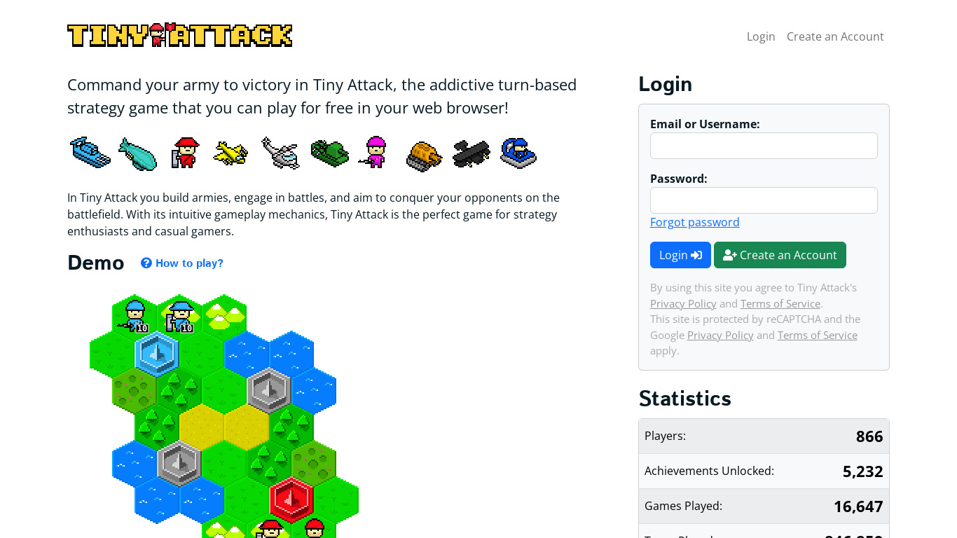Tiny Attack Landing page