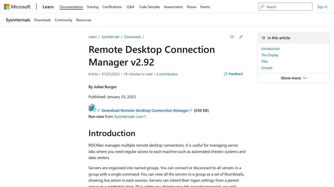 Remote Desktop Connection Manager Landing page