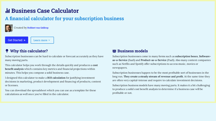 Business Case Calculator Landing Page