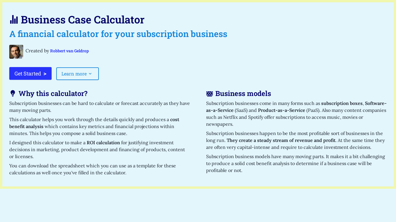 Business Case Calculator Landing page