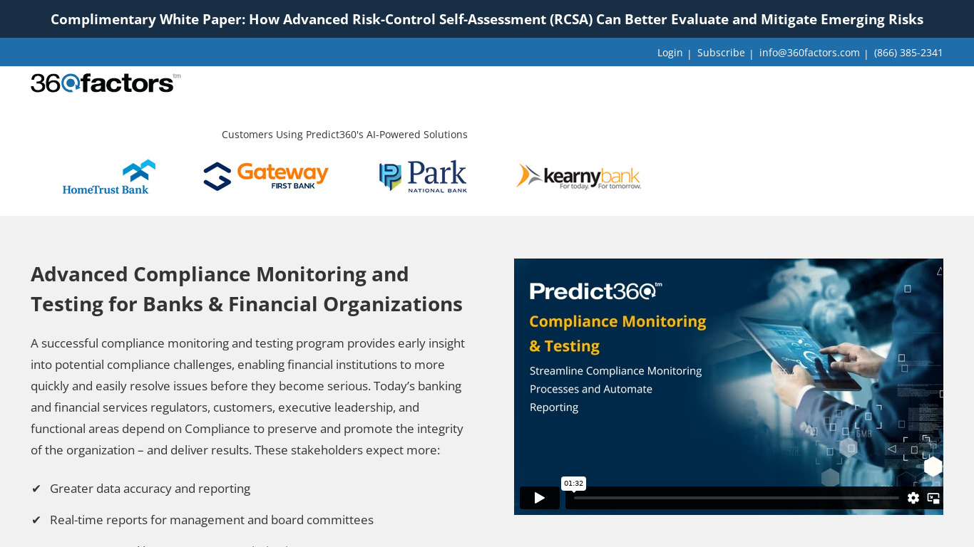 Predict360 Compliance Monitoring And Testing Landing page