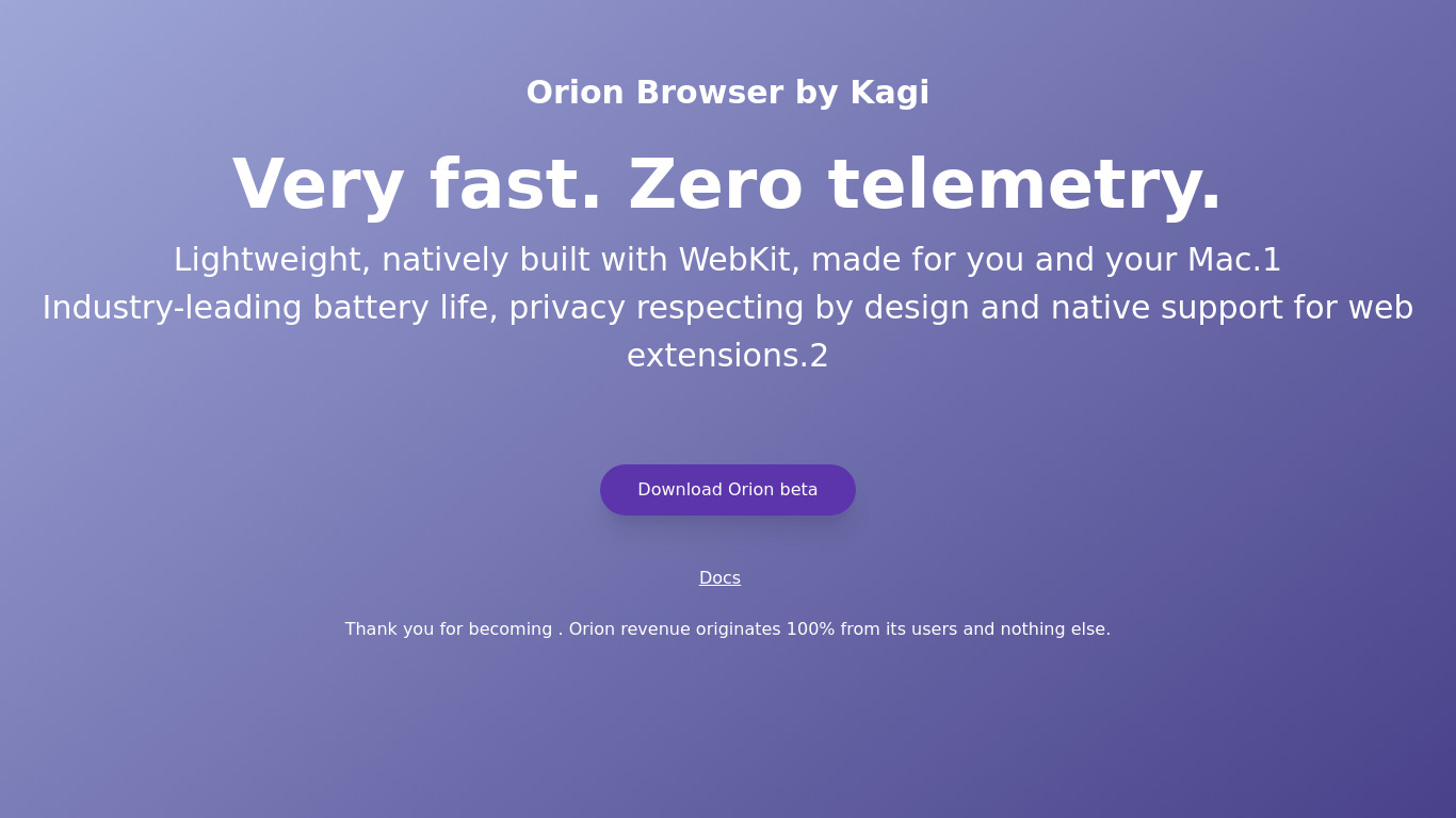 Orion Browser Landing page