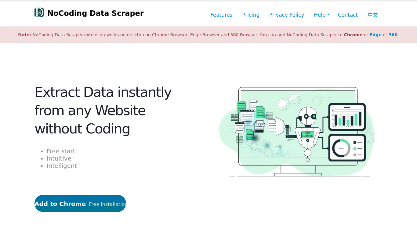 NoCoding Data Scraper Landing page
