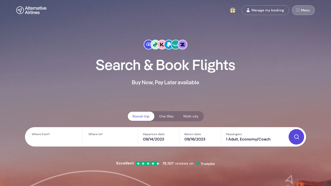 Alternative Airlines Landing page