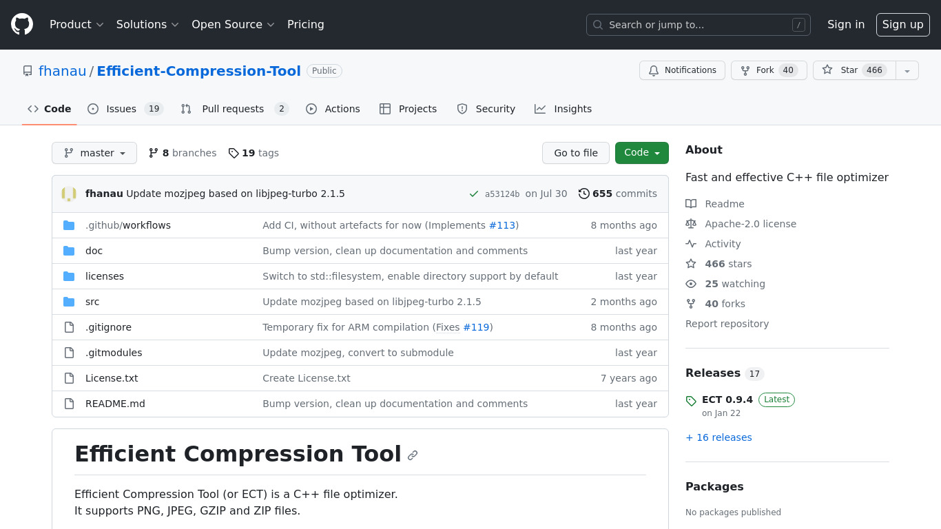ECT - Efficient Compression Tool Landing page
