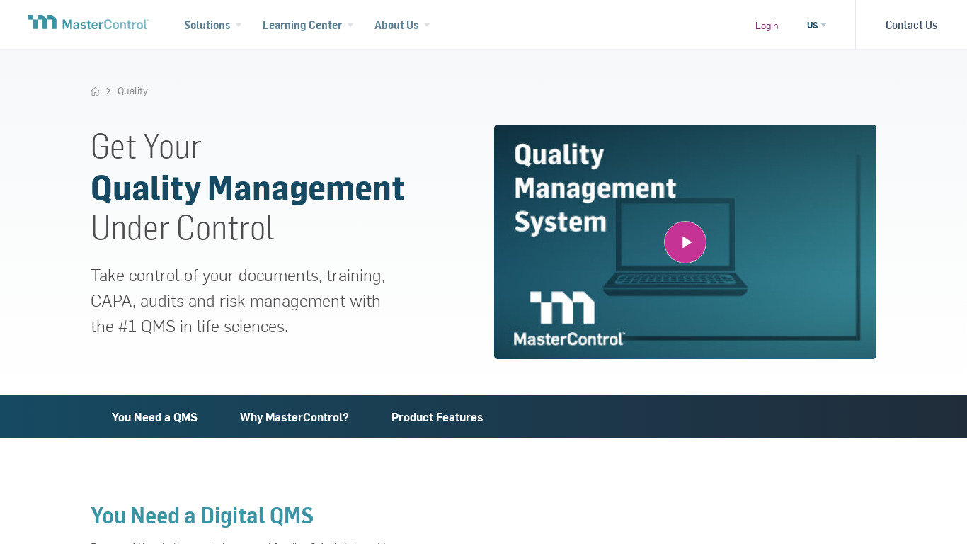 MasterControl Quality Excellence Landing page