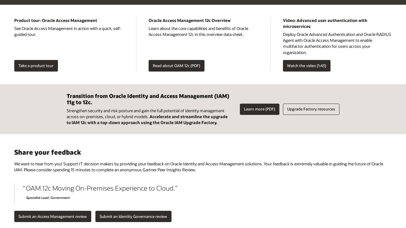 Oracle Access Management Suite Landing page