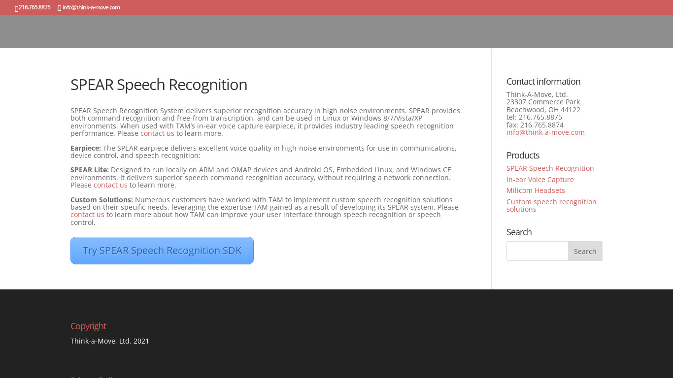 Think-A-Move SPEAR Speech Recognition Landing page