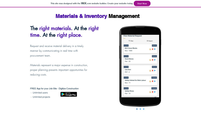 Procost Materials & Inventory Management Landing Page