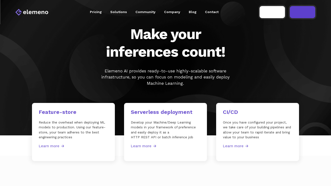 Elemeno AI-Ops Landing page